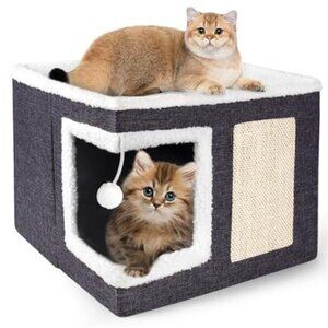 Cat House Indoor Large Cat Bed Condo with Scratch Pad Foldable Cat Cave Grey